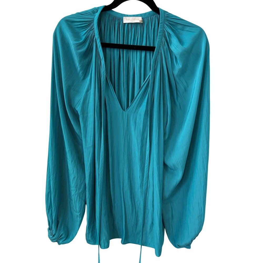 Ramy Brook Paris Teal Blue Pleated V-Neck Balloon Sleeve Boho‎ Blouse Sz M